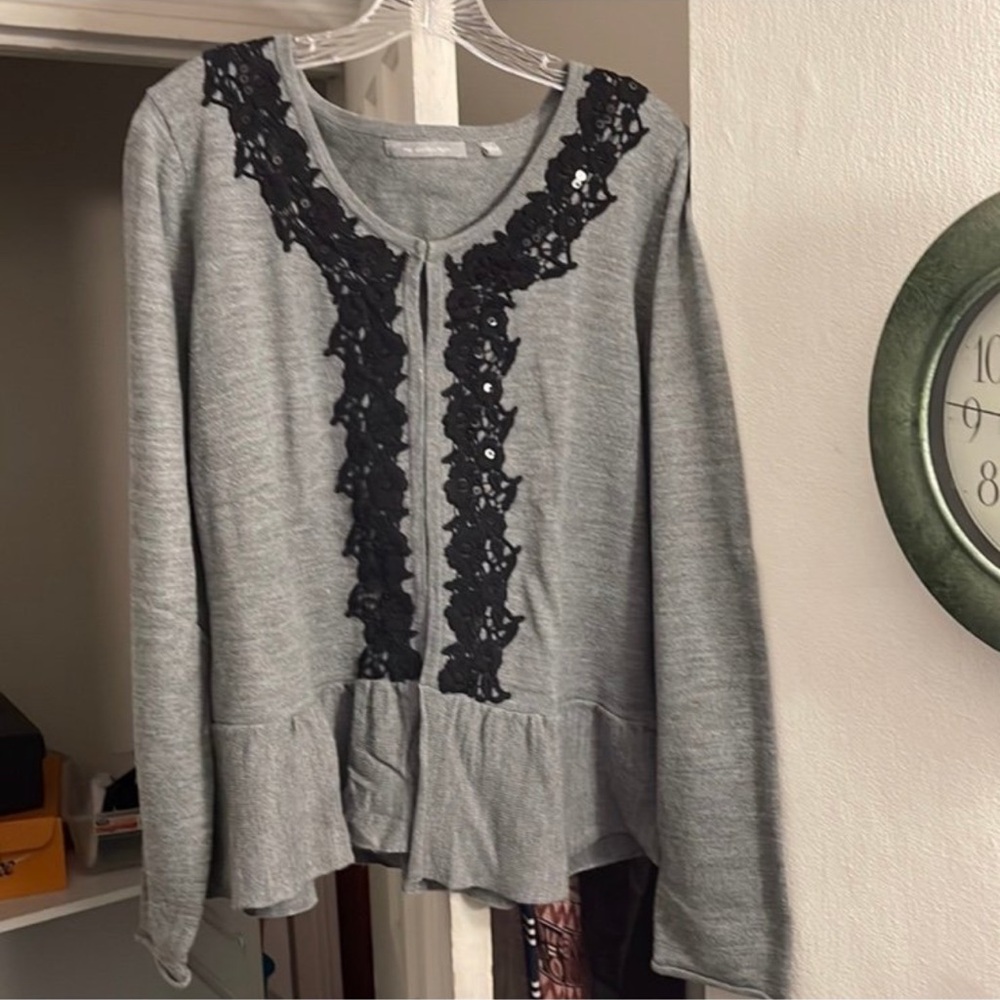 New Gray Cardigan with Black Lace Detail